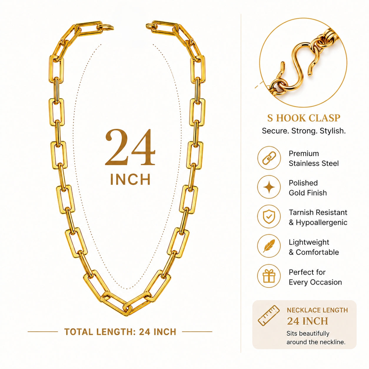 Manikya Jewellery 18CT Gold Plated Rectangular Link Chain Necklace for Women | Paperclip Style Necklace with S-Hook Clasp | Minimalist Daily Wear Fashion Jewellery