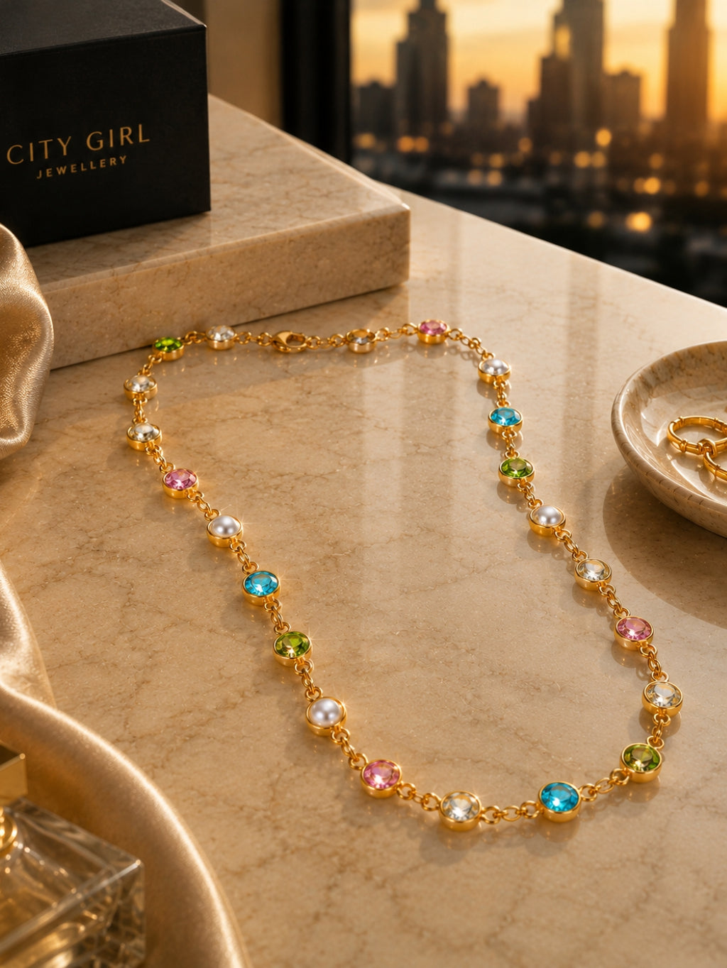 City Girl Jewellery 24K Gold Plated Multi-Color Crystal & Pearl Station Chain Necklace for Women | 20 Inch Lightweight Anti-Tarnish Fashion Chain with Secure S-Hook Closure