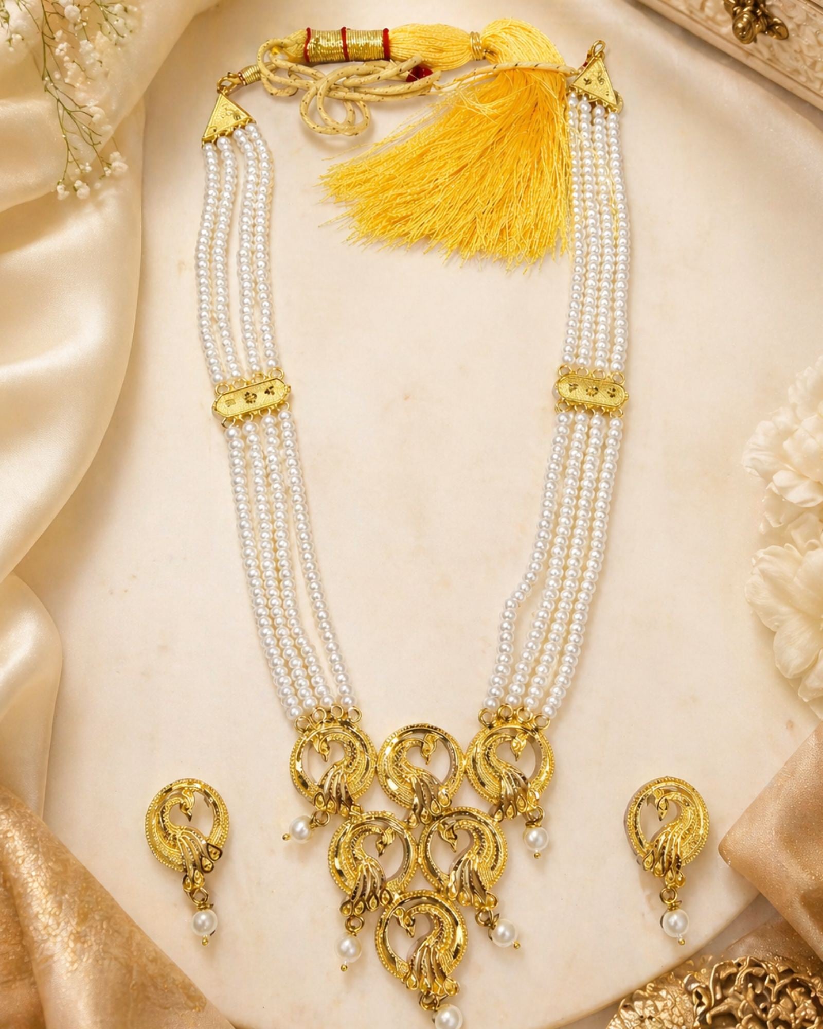City Girl 24CT Gold Plated 4-Line Pearl Necklace Set with Matching Earrings | Elegant Multi-Strand Traditional Jewellery
