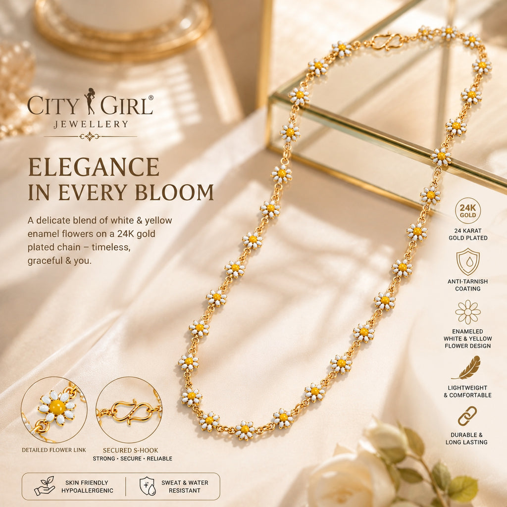City Girl Jewellery 24K Gold Plated White & Yellow Daisy Flower Enamel Chain Necklace for Women