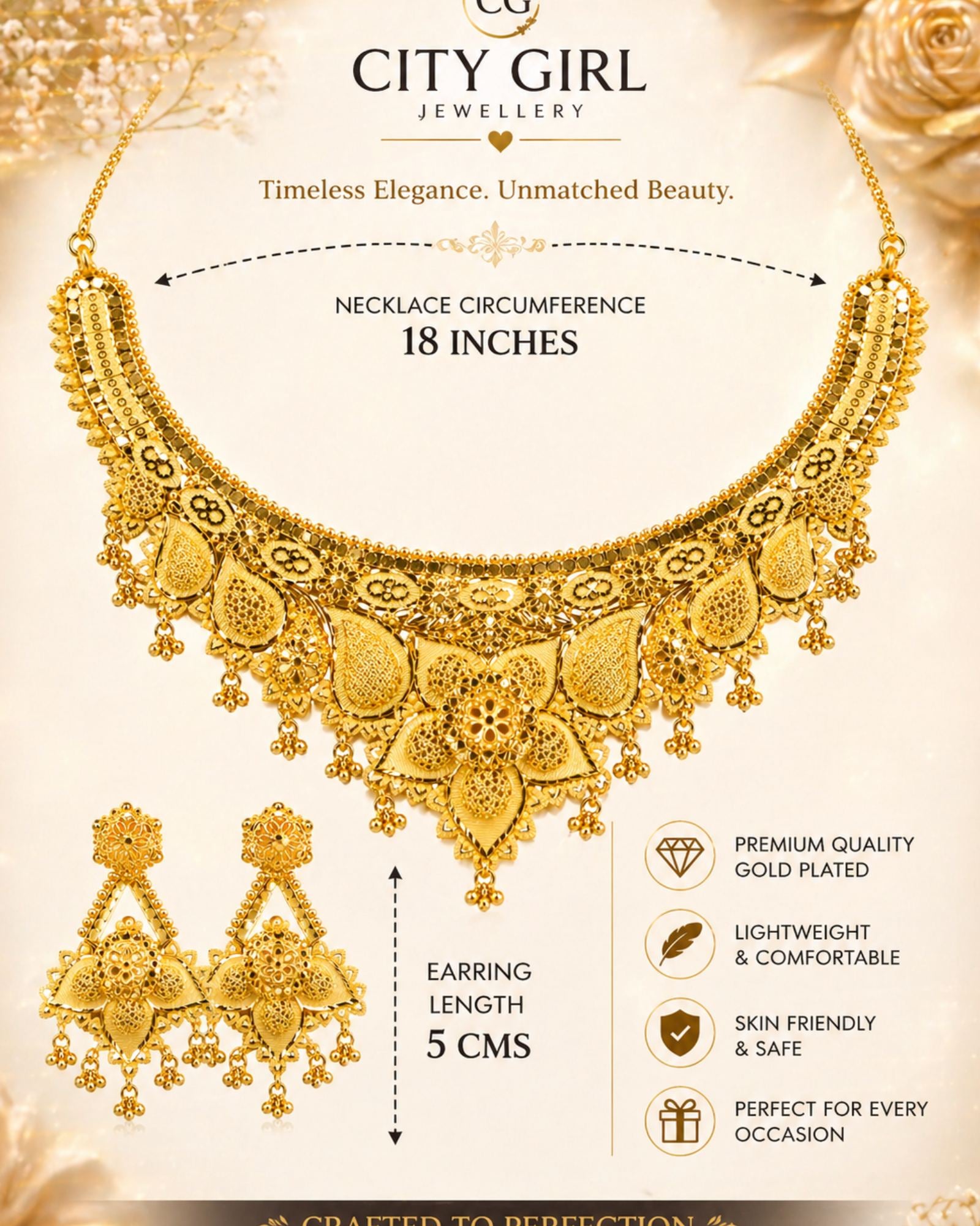 City Girl 24K Gold Plated Traditional Necklace Set with Matching Earrings | Antique Bridal Choker Jewellery Set for Women & Girls