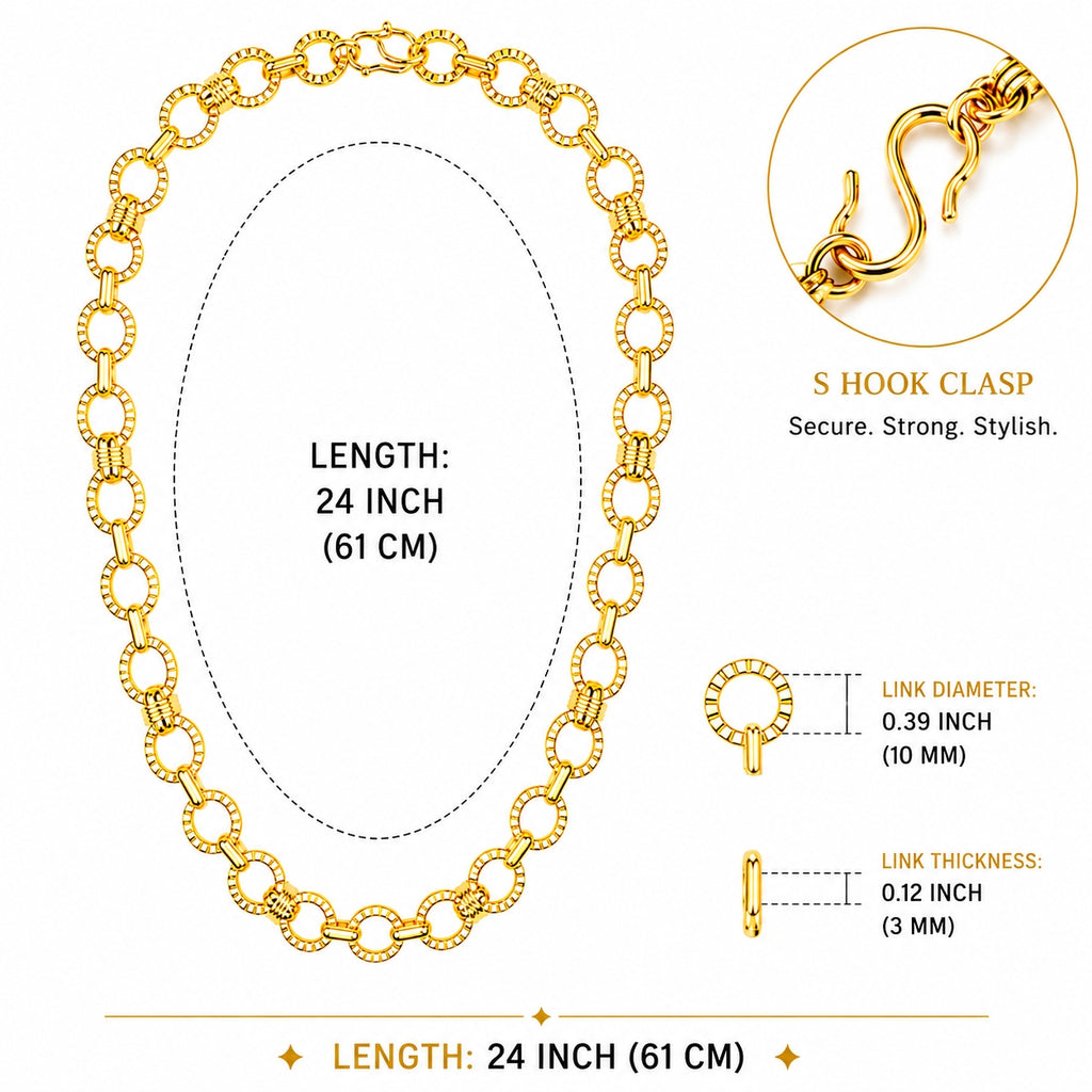 City Girl Jewellery 24 Inch Gold Plated Textured Oval Link Chain Necklace for Men & Women | Premium Statement Chain with Secure S Hook Clasp | Lightweight Fashion Jewellery