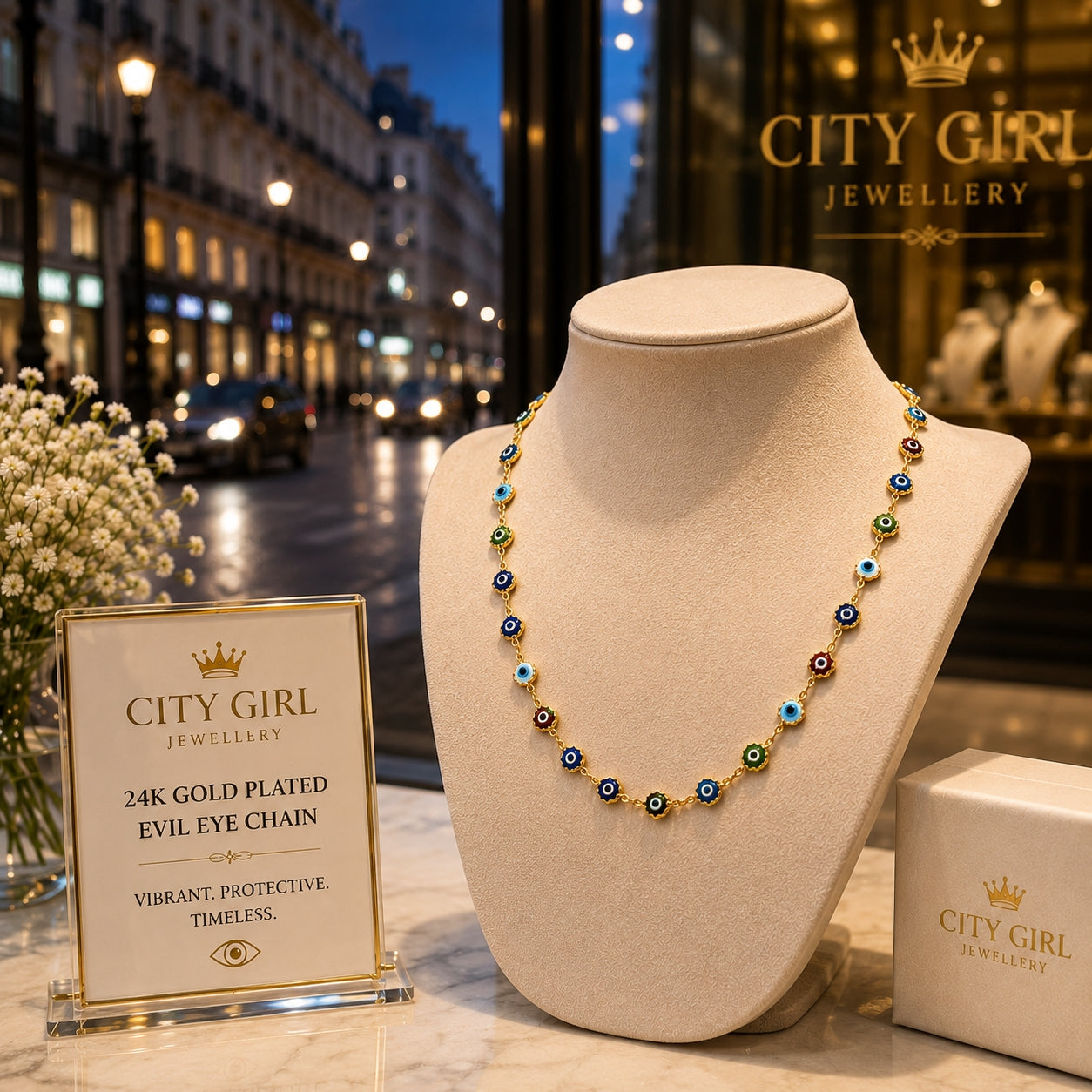 City Girl Jewellery 24K Gold Plated Evil Eye Chain Necklace for Women | Anti-Tarnish | Hypoallergenic | Multicolor Enamel Beads | Lightweight Daily Wear Jewellery | 24 Inch (CN 1743)