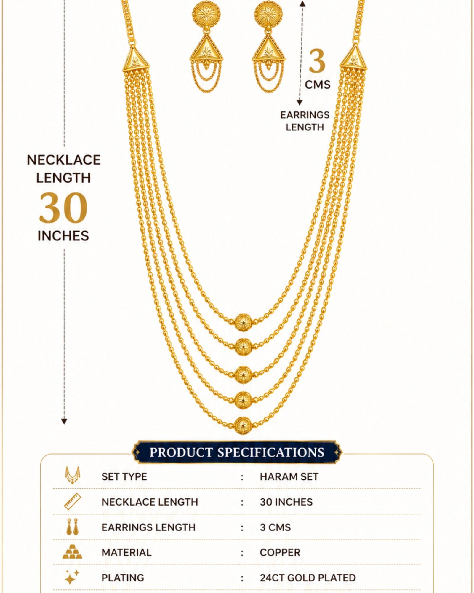 24CT Gold Plated Long Layered Haram Necklace Set for Women | Copper Base Traditional Jewellery | 30 Inch Necklace with Matching Earrings (3 cm) | Ethnic Wedding & Festive Wear