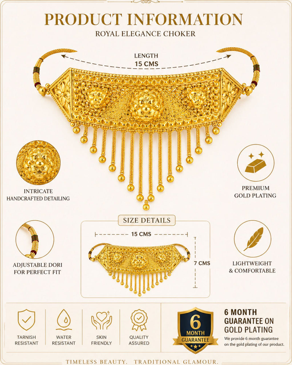 City Girl 24CT Gold Plated Temple Choker Necklace | 15 CM Traditional Statement Jewellery with Adjustable Dori | Bridal & Festive Wear