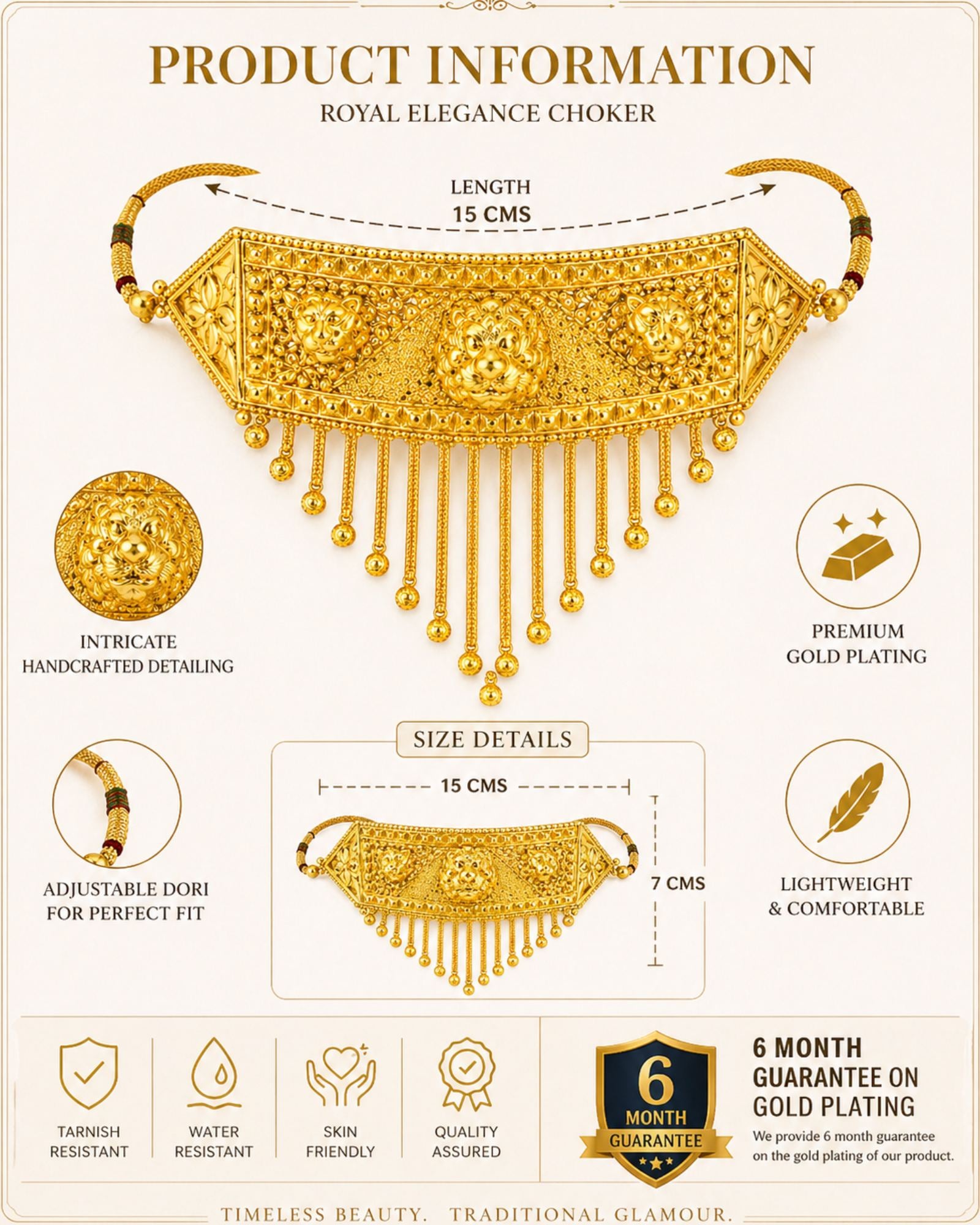 City Girl 24CT Gold Plated Temple Choker Necklace | 15 CM Traditional Statement Jewellery with Adjustable Dori | Bridal & Festive Wear