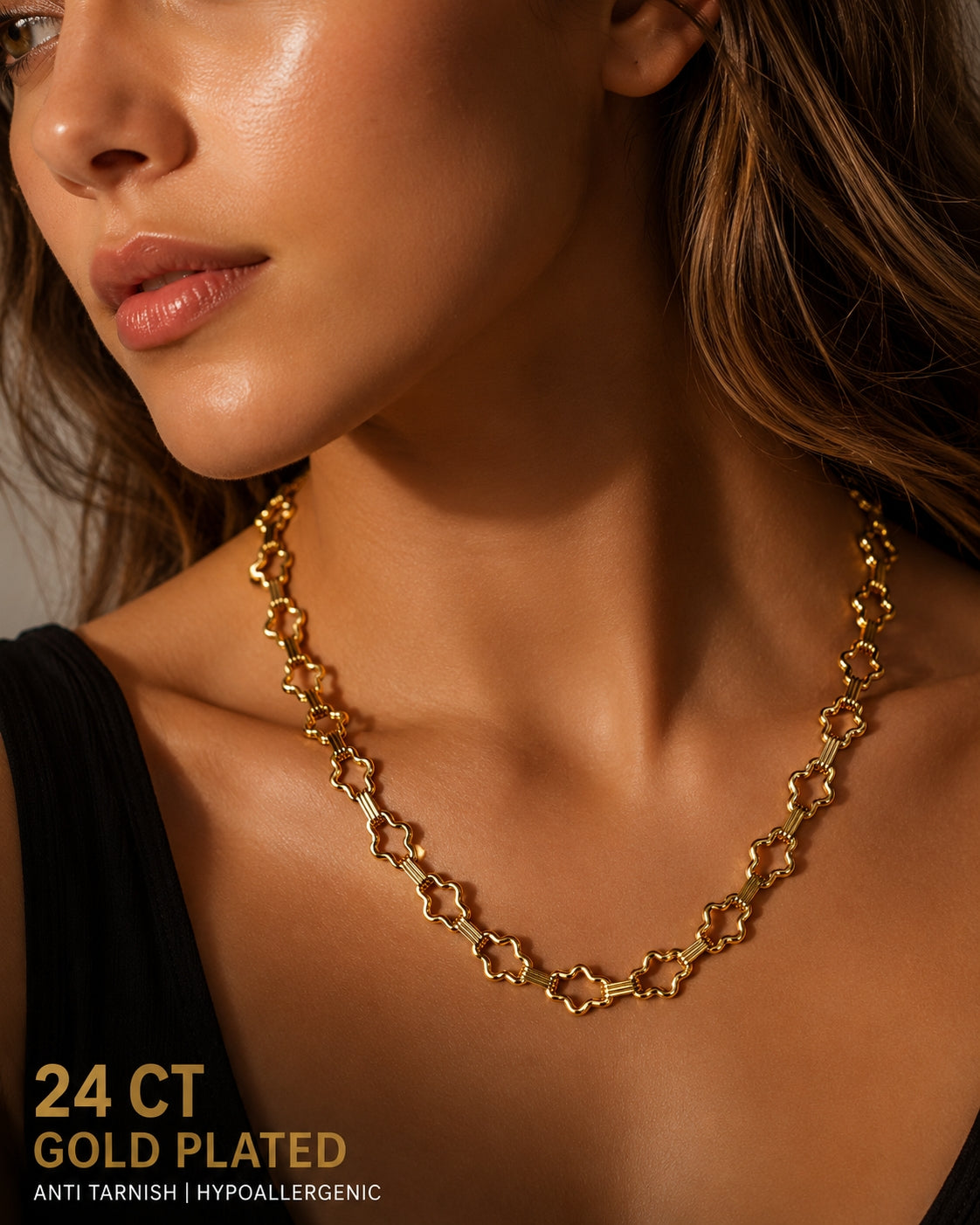 City Girl 24 CT Gold Plated Clover Link Chain Necklace for Women | Premium Statement Chain | Anti Tarnish & Hypoallergenic Fashion Jewellery | 20 Inch Long Chain