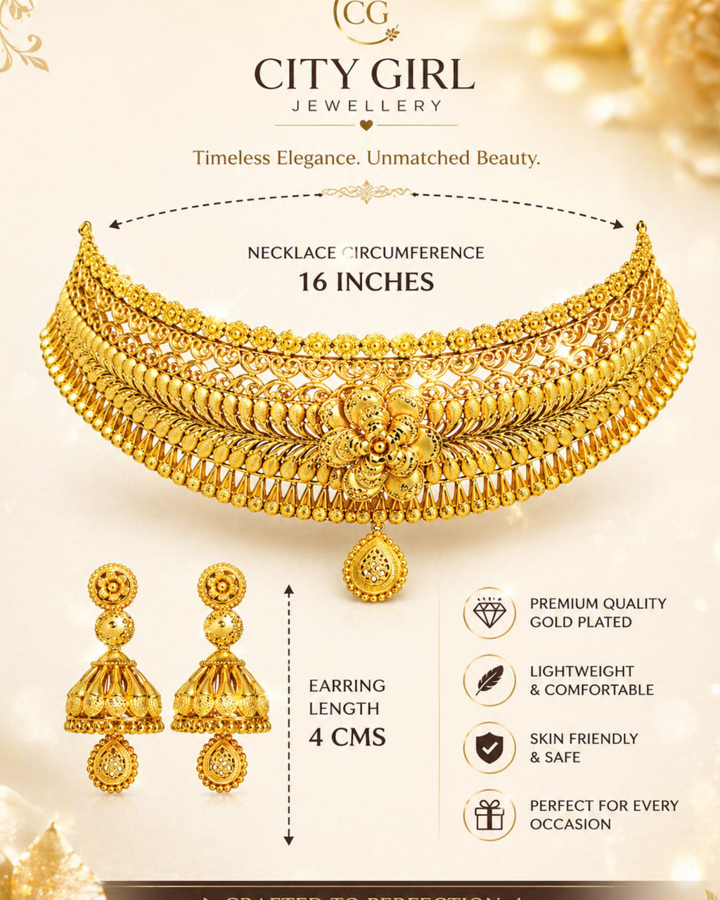 City Girl Traditional Gold Plated Bridal Necklace Set with Jhumka Earrings | 18 Inch Choker Necklace | 5 CM Drop Earrings | Ethnic Wedding Jewellery Set for Women