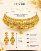 City Girl Traditional Gold Plated Bridal Necklace Set with Jhumka Earrings | 18 Inch Choker Necklace | 5 CM Drop Earrings | Ethnic Wedding Jewellery Set for Women