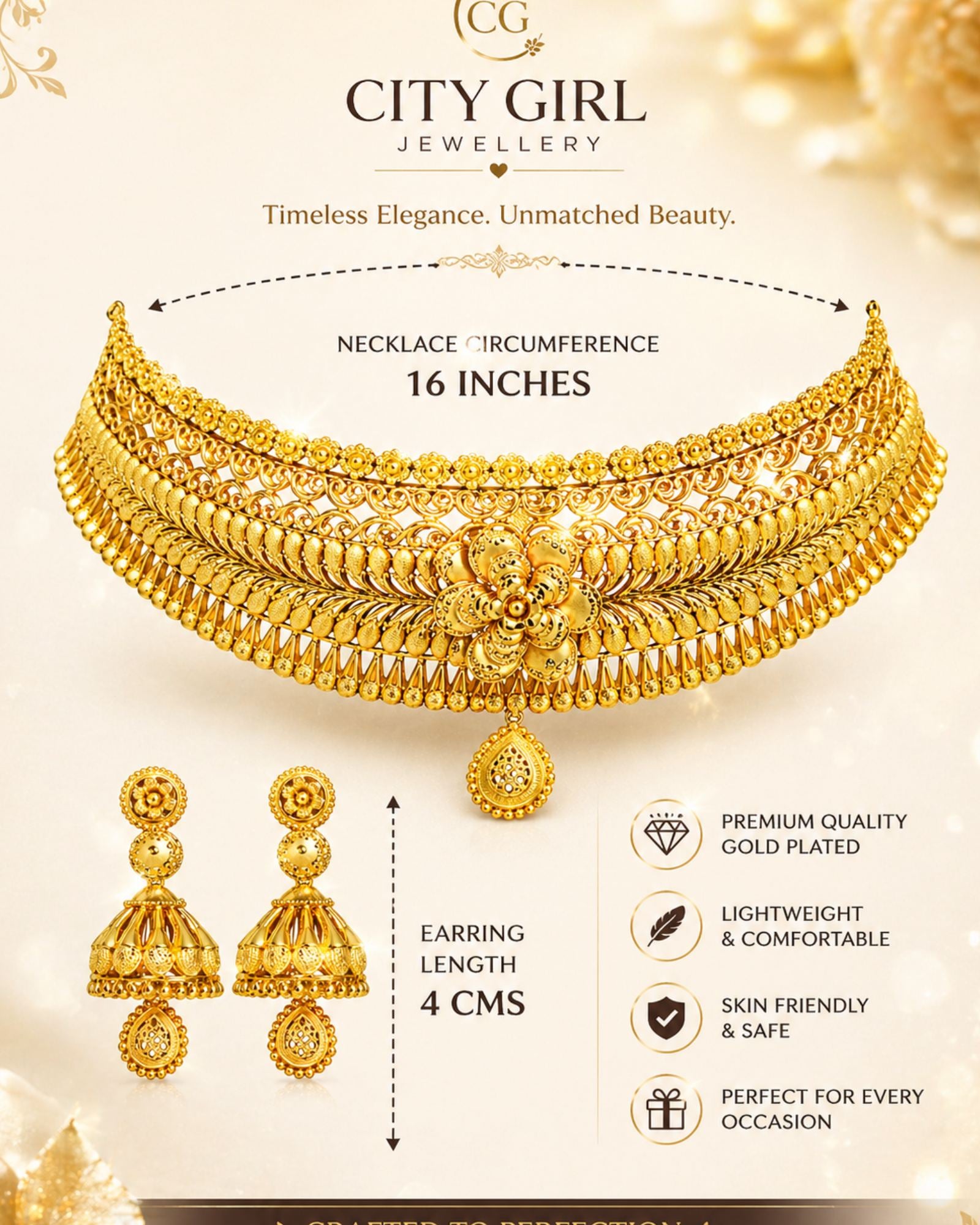 City Girl Traditional Gold Plated Bridal Necklace Set with Jhumka Earrings | 18 Inch Choker Necklace | 5 CM Drop Earrings | Ethnic Wedding Jewellery Set for Women