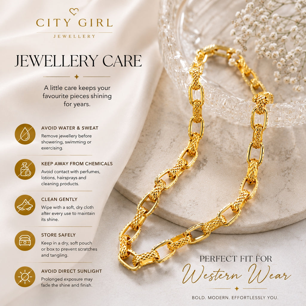 City Girl Jewellery 24K Gold Plated Textured Link Chain Necklace for Women & Men | Premium Statement Chain with S-Hook Clasp | Western Wear Fashion Jewellery