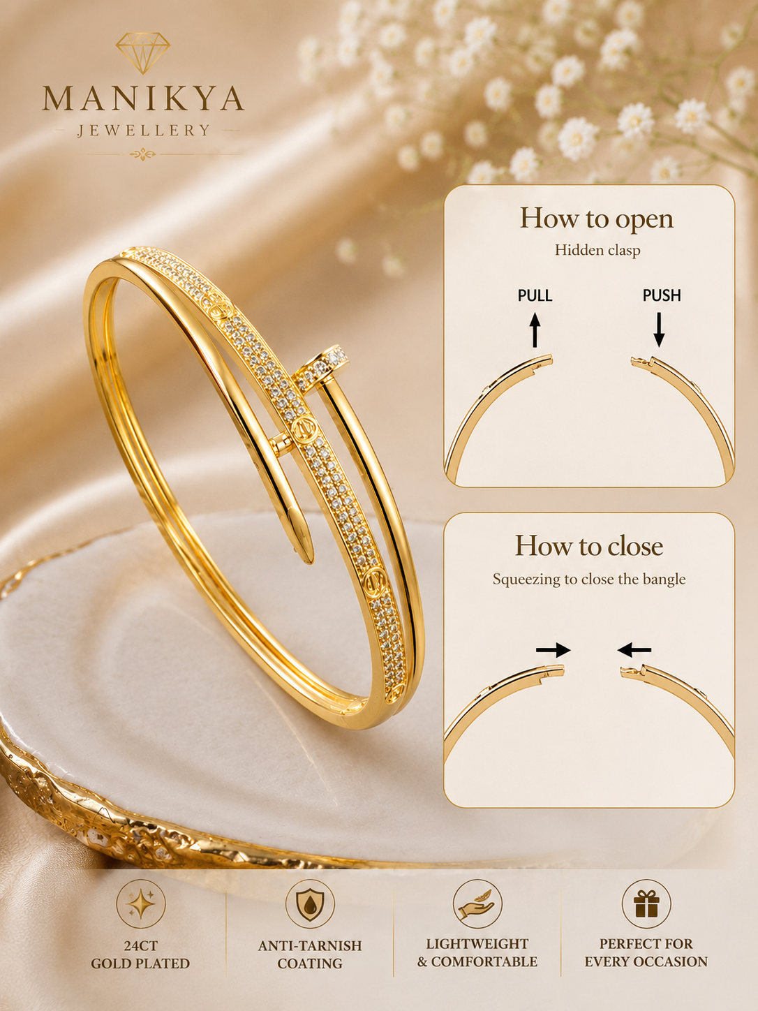 City Girl Jewellery 24CT Gold Plated Nail Bracelet for Women | AAA Cubic Zirconia Studded Openable Cuff Bangle | Anti Tarnish Lightweight Daily Wear Fashion Bracelet for Girls & Women | Gift for Wife, Sister & Girlfriend