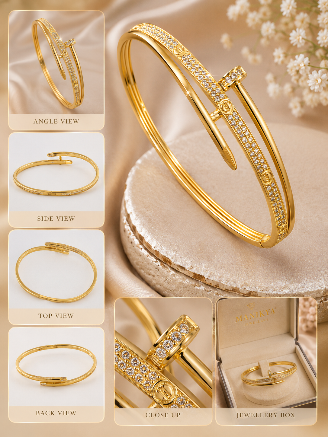 City Girl Jewellery 24CT Gold Plated Nail Bracelet for Women | AAA Cubic Zirconia Studded Openable Cuff Bangle | Anti Tarnish Lightweight Daily Wear Fashion Bracelet for Girls & Women | Gift for Wife, Sister & Girlfriend