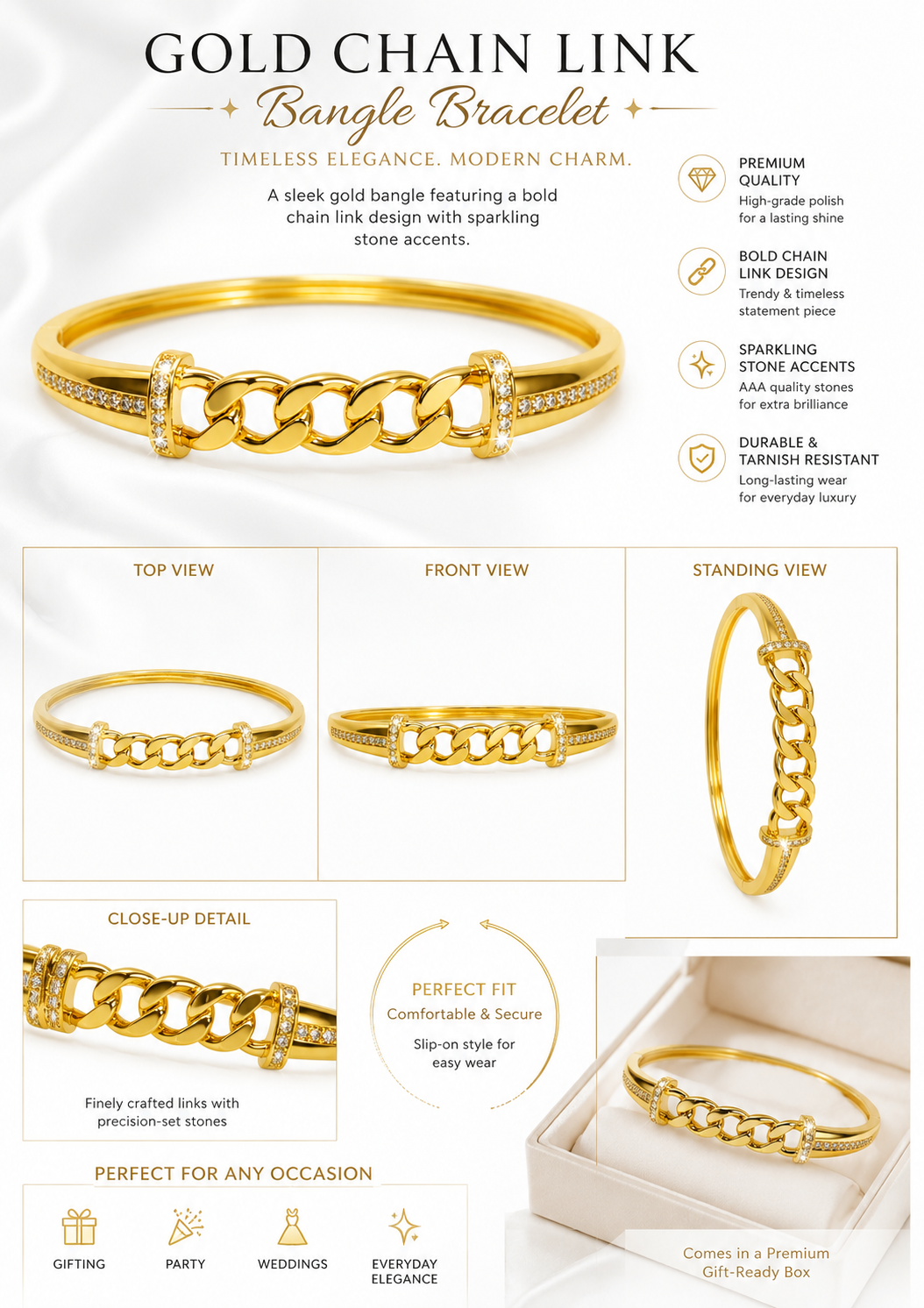 CITYGIRL 18K Gold Plated Chain Link Openable Kada Bracelet for Women & Girls | AD Zircon Stone Bracelet | Anti Tarnish | Premium Locking Bangle | Party, Wedding & Daily Wear Jewellery | One Size