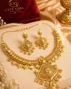 City Girl 24K Gold Plated Traditional Necklace Set with Matching Earrings | Antique Bridal Choker Jewellery Set for Women & Girls