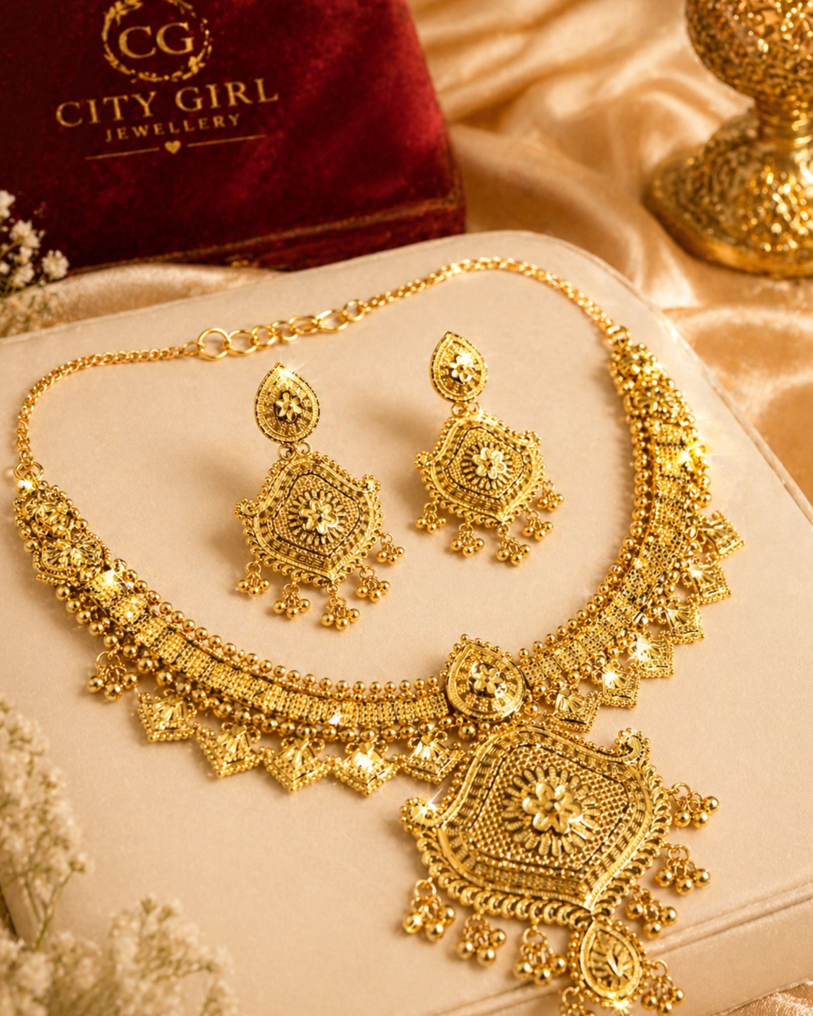 City Girl 24K Gold Plated Traditional Necklace Set with Matching Earrings | Antique Bridal Choker Jewellery Set for Women & Girls