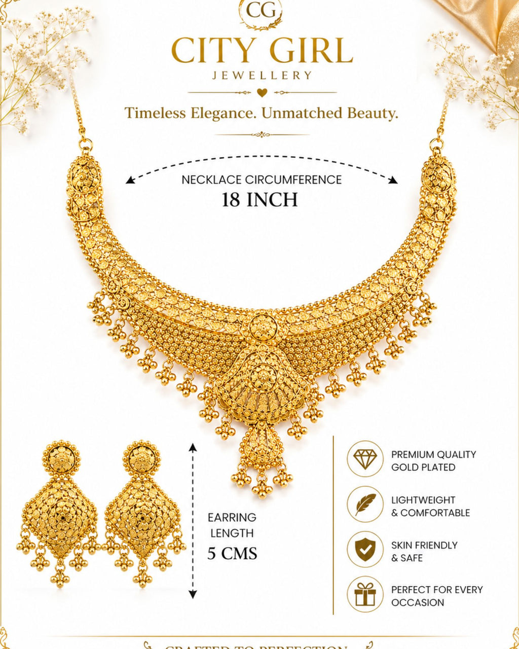 City Girl Gold Plated Choker Necklace Set with Earrings for Women | Traditional Bridal Jewellery Set | 18 Inch Necklace | 5 cm Earrings | 6 Months Plating Guarantee