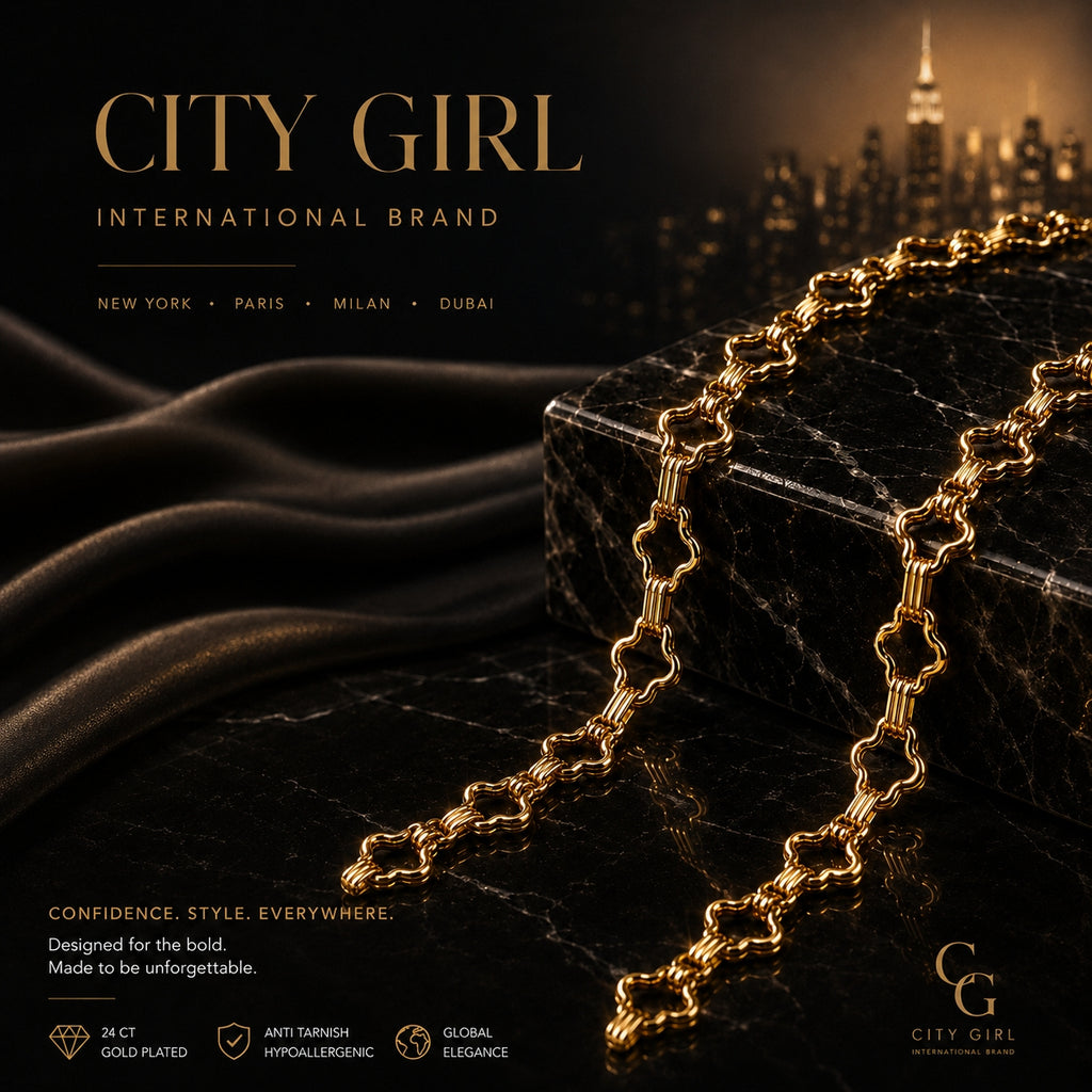 City Girl 24 CT Gold Plated Clover Link Chain Necklace for Women | Premium Statement Chain | Anti Tarnish & Hypoallergenic Fashion Jewellery | 20 Inch Long Chain