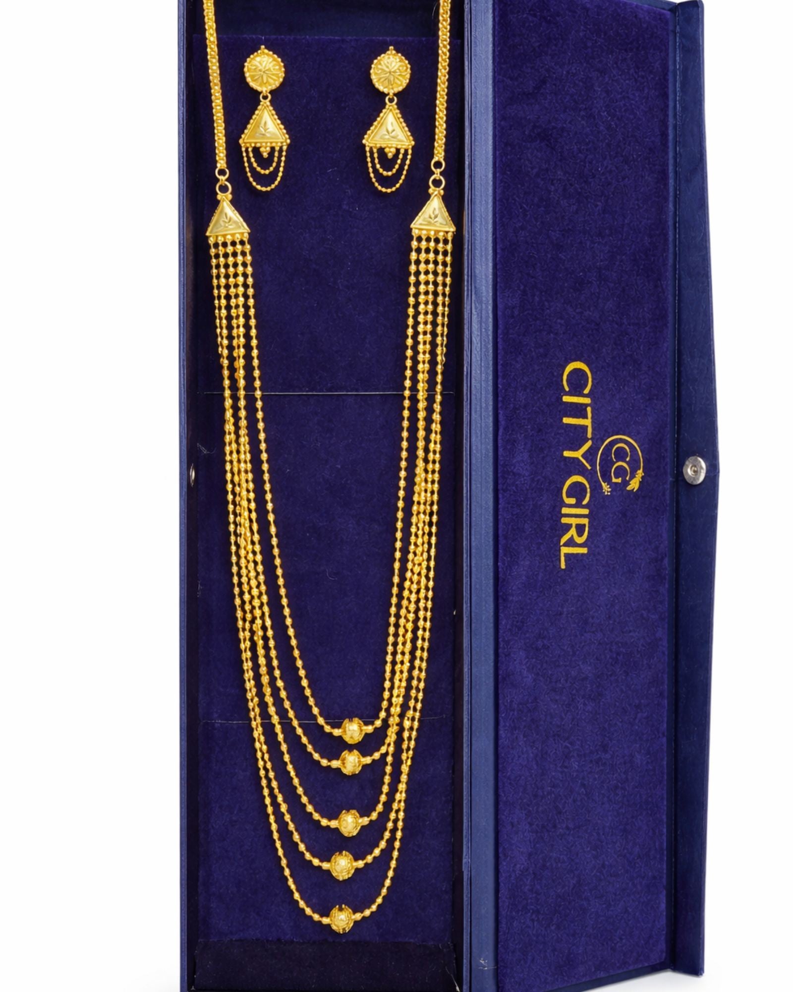 24CT Gold Plated Long Layered Haram Necklace Set for Women | Copper Base Traditional Jewellery | 30 Inch Necklace with Matching Earrings (3 cm) | Ethnic Wedding & Festive Wear