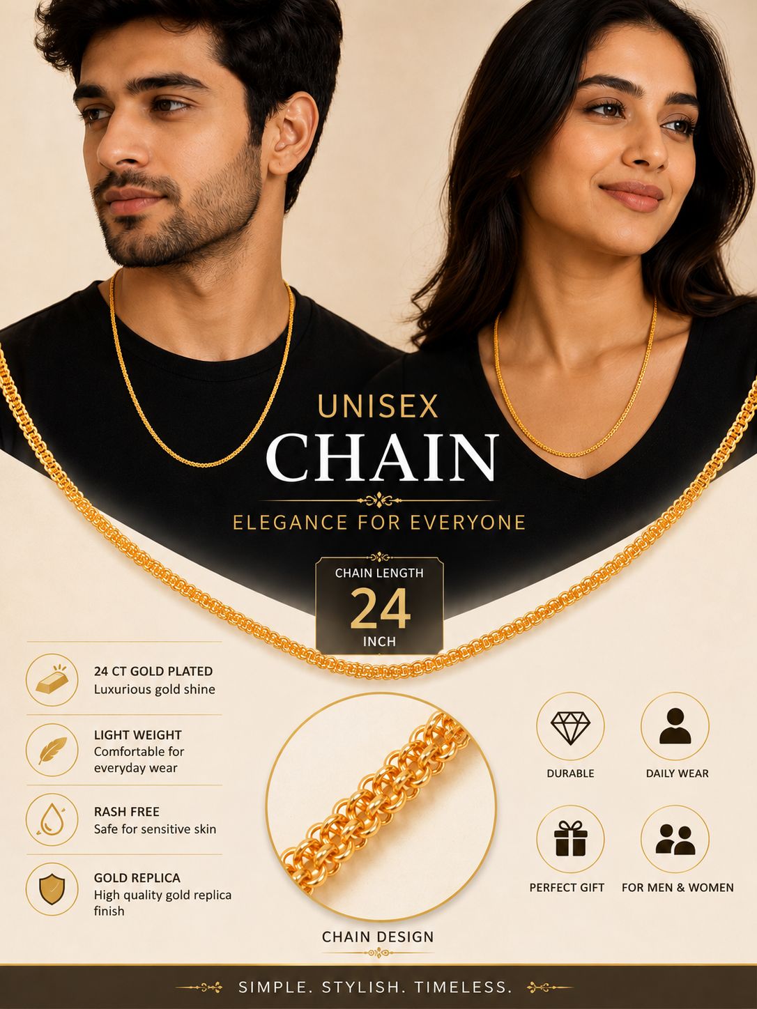 City Girl Jewellery 24 CT Gold Plated Unisex Chain for Men & Women, 24 Inch, 1mm Thickness, 10 g Lightweight Copper Chain, Skin Friendly, Gold Replica Daily Wear Necklace