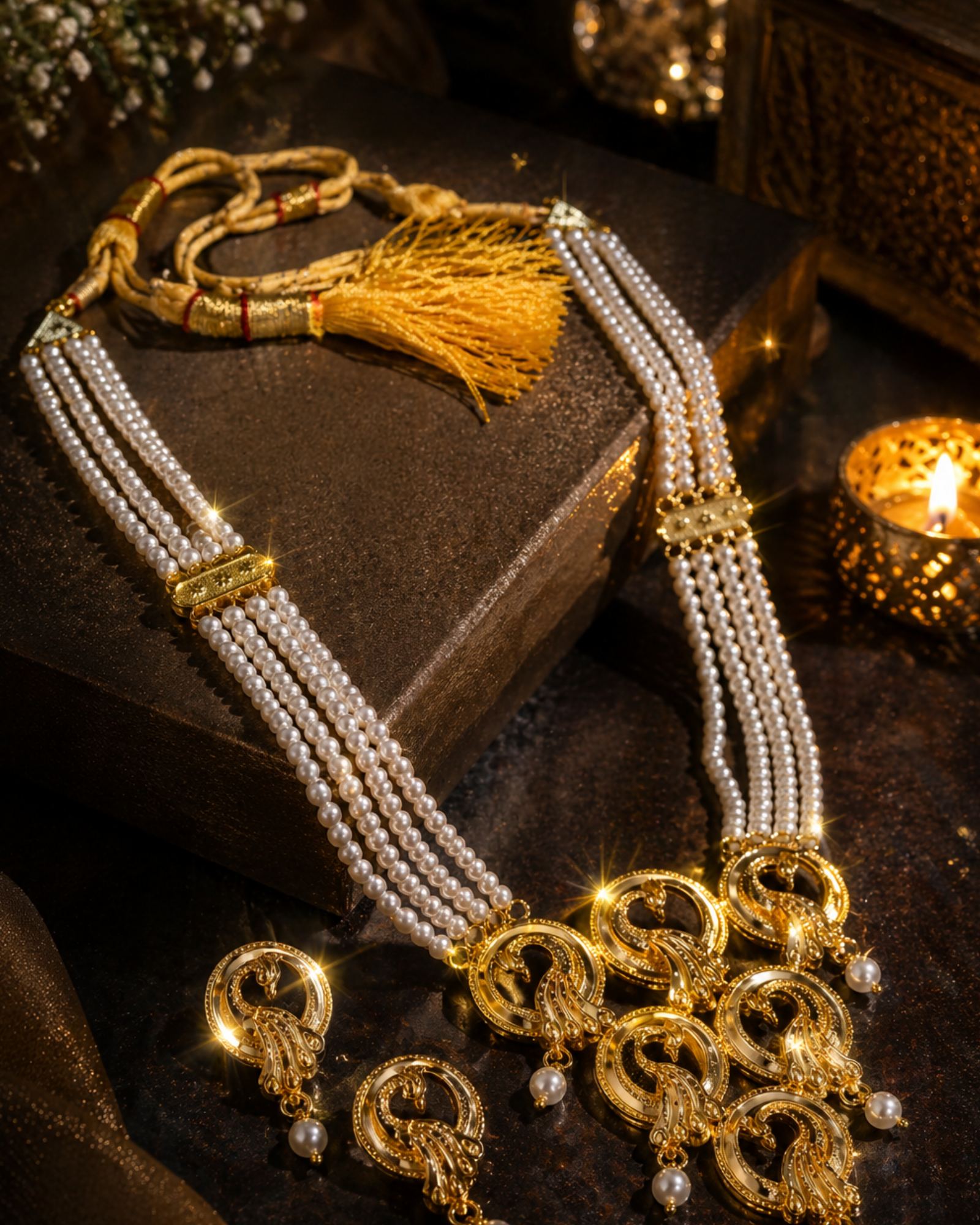 City Girl 24CT Gold Plated 4-Line Pearl Necklace Set with Matching Earrings | Elegant Multi-Strand Traditional Jewellery