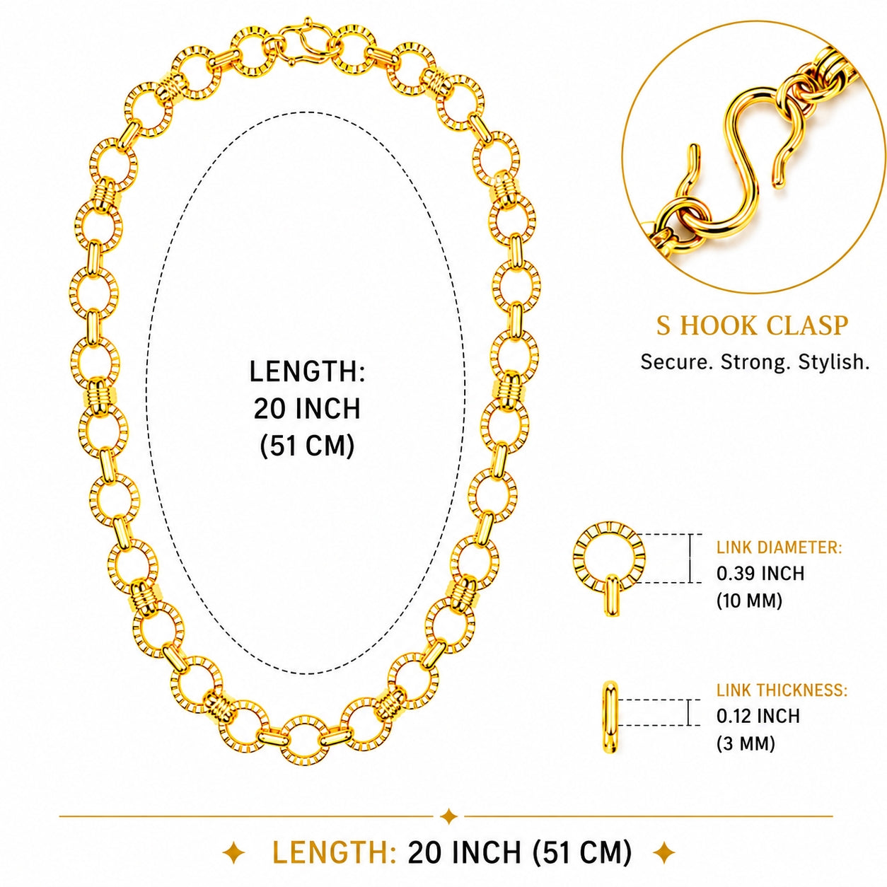City Girl Jewellery 24 Inch Gold Plated Textured Oval Link Chain Necklace for Men & Women | Premium Statement Chain with Secure S Hook Clasp | Lightweight Fashion Jewellery