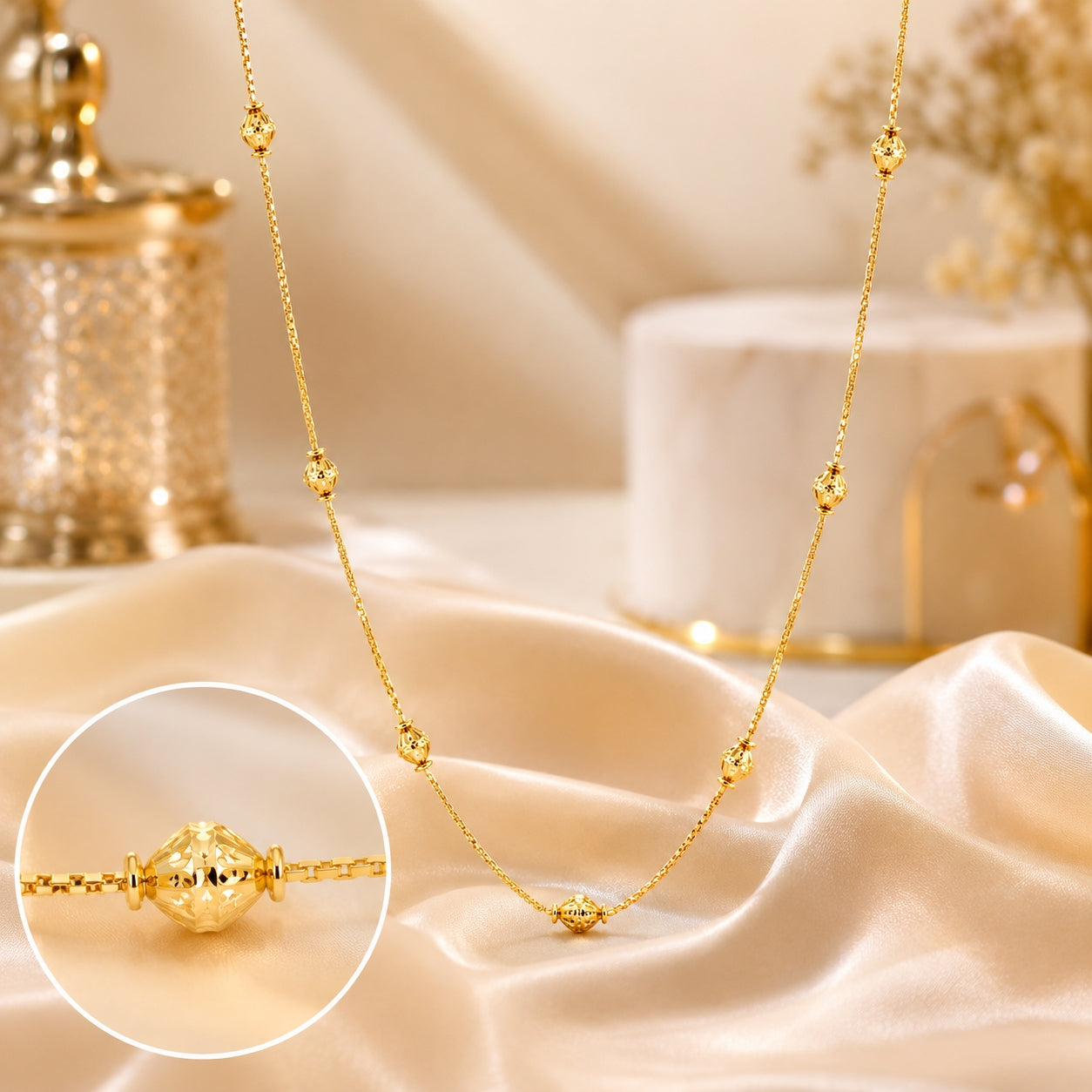 City Girl Jewellery 24 Inch Gold Plated Beaded Chain Necklace for Women | 6g Lightweight | Elegant Daily Wear Fashion Chain | Traditional & Casual Jewellery | Gift for Women & Girls