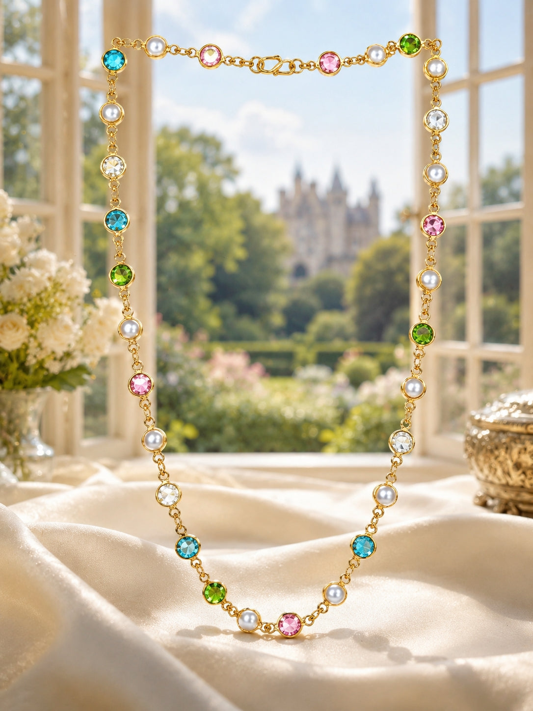 City Girl Jewellery 24K Gold Plated Multi-Color Crystal & Pearl Station Chain Necklace for Women | 20 Inch Lightweight Anti-Tarnish Fashion Chain with Secure S-Hook Closure