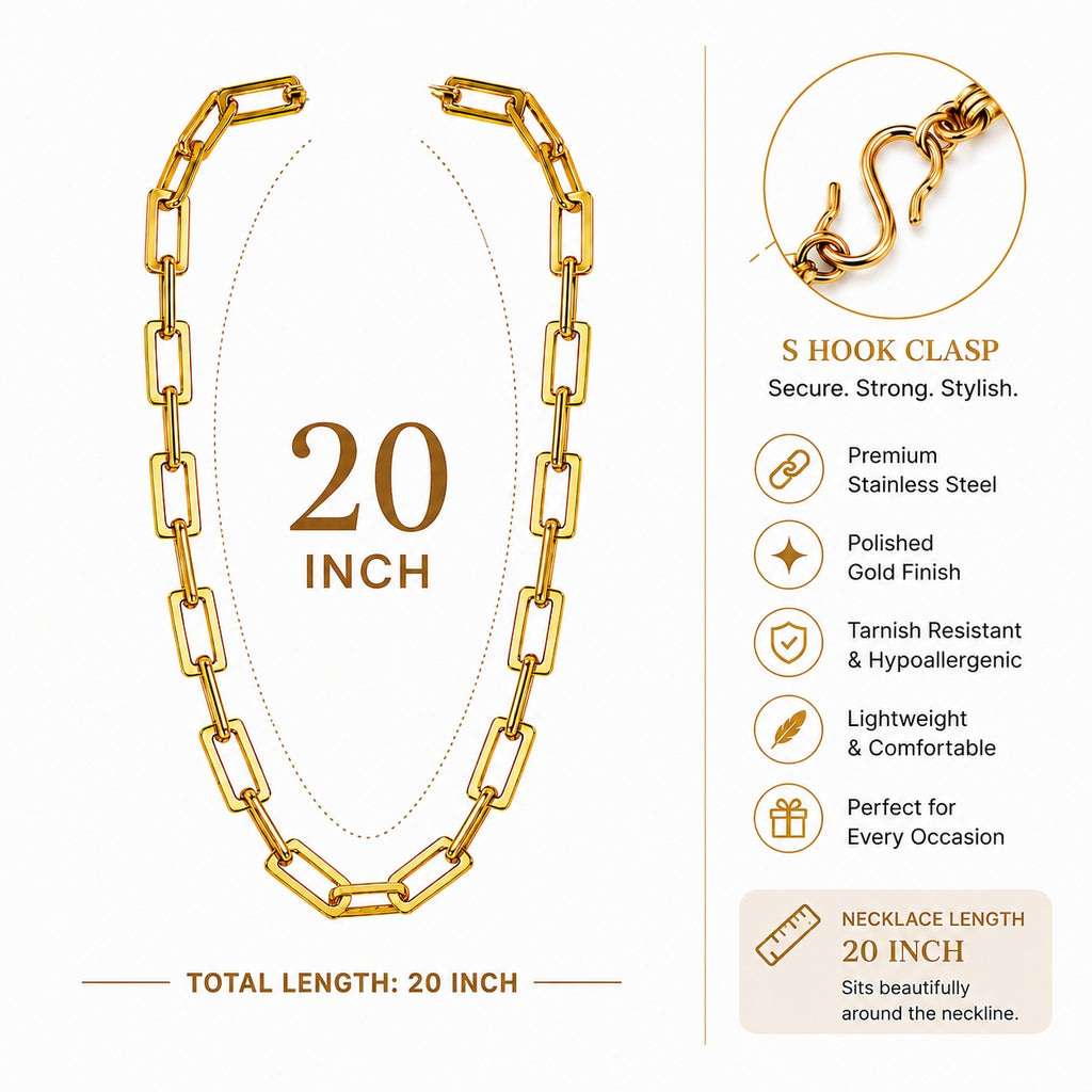 Manikya Jewellery 18CT Gold Plated Rectangular Link Chain Necklace for Women | Paperclip Style Necklace with S-Hook Clasp | Minimalist Daily Wear Fashion Jewellery