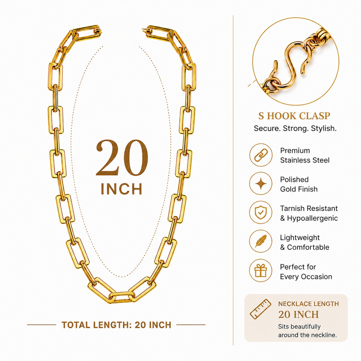 Manikya Jewellery 18CT Gold Plated Rectangular Link Chain Necklace for Women | Paperclip Style Necklace with S-Hook Clasp | Minimalist Daily Wear Fashion Jewellery