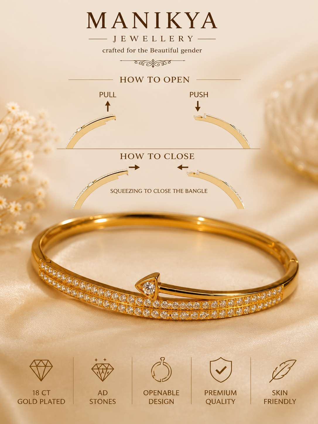 Manikya Jewellery 18 CT Gold Plated American Diamond (AD) Openable Bracelet for Women & Girls | Hidden Clasp Kada Bangle | Premium Fashion Jewellery | Daily Wear, Party Wear & Gift
