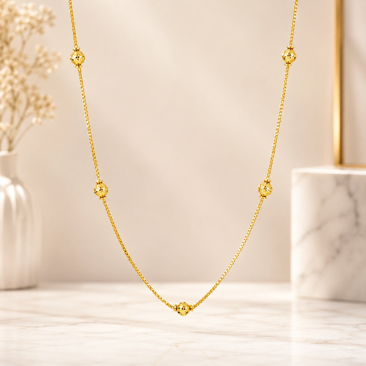 City Girl Jewellery 24 Inch Gold Plated Beaded Chain Necklace for Women | 6g Lightweight | Elegant Daily Wear Fashion Chain | Traditional & Casual Jewellery | Gift for Women & Girls