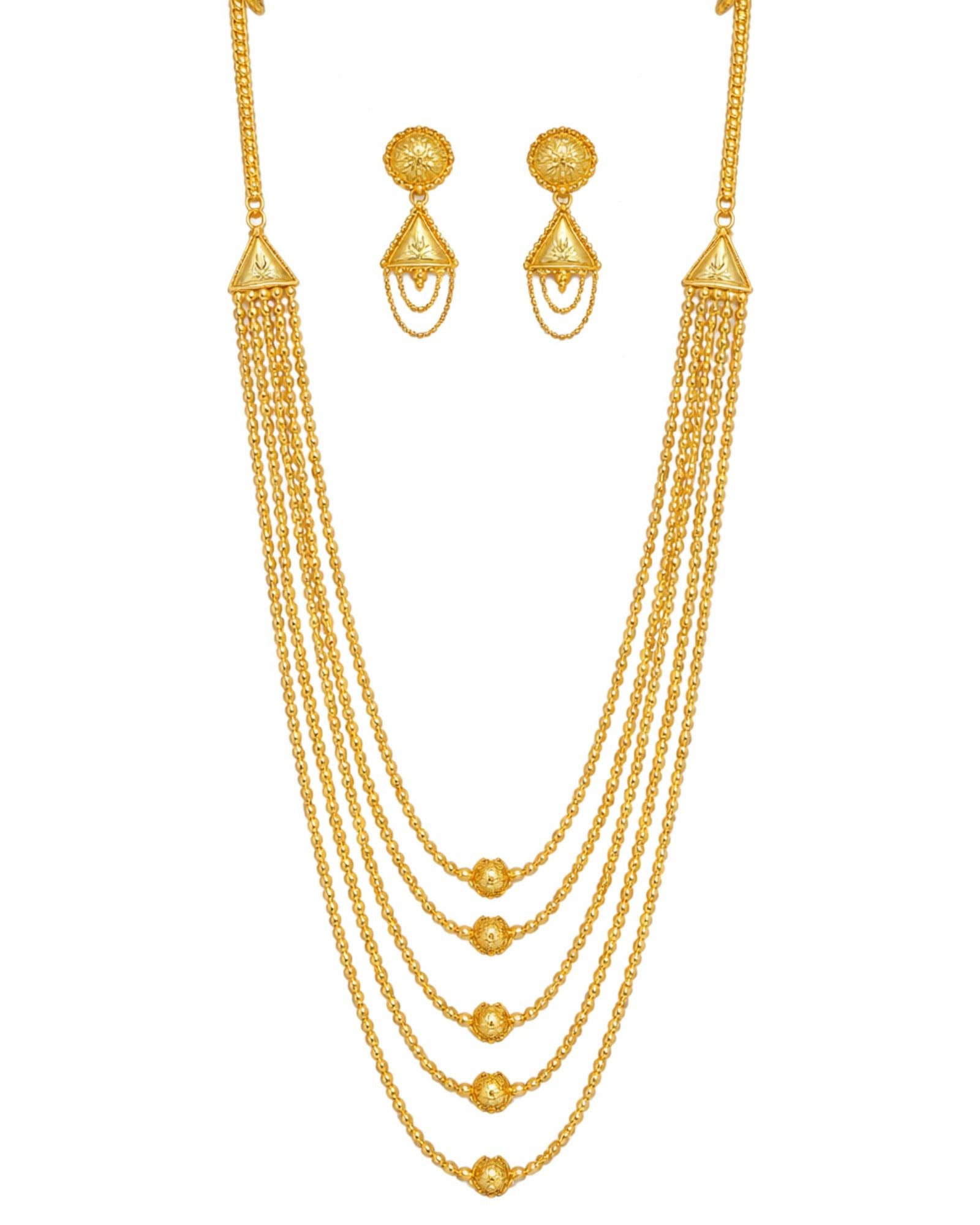 24CT Gold Plated Long Layered Haram Necklace Set for Women | Copper Base Traditional Jewellery | 30 Inch Necklace with Matching Earrings (3 cm) | Ethnic Wedding & Festive Wear