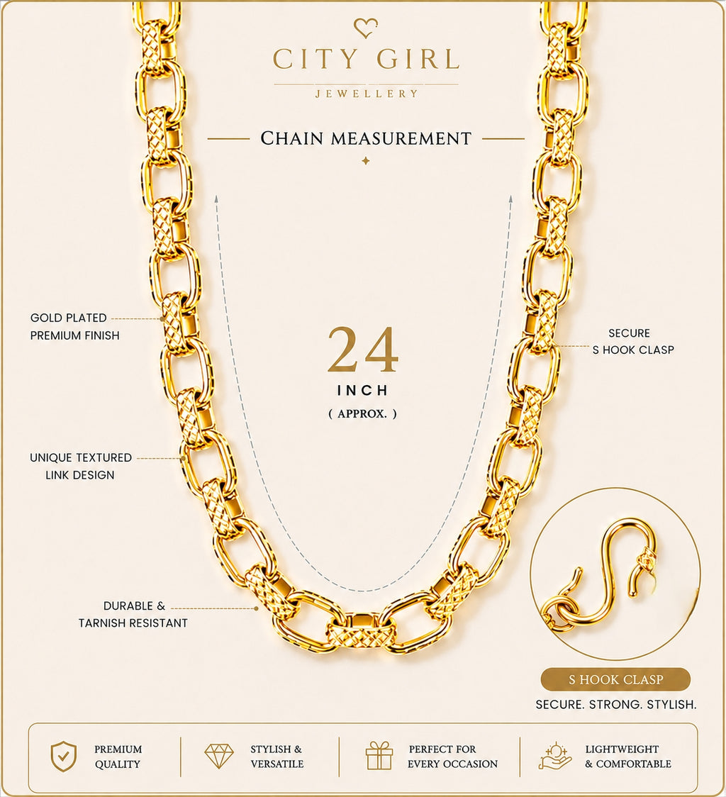 City Girl Jewellery 24K Gold Plated Textured Link Chain Necklace for Women & Men | Premium Statement Chain with S-Hook Clasp | Western Wear Fashion Jewellery
