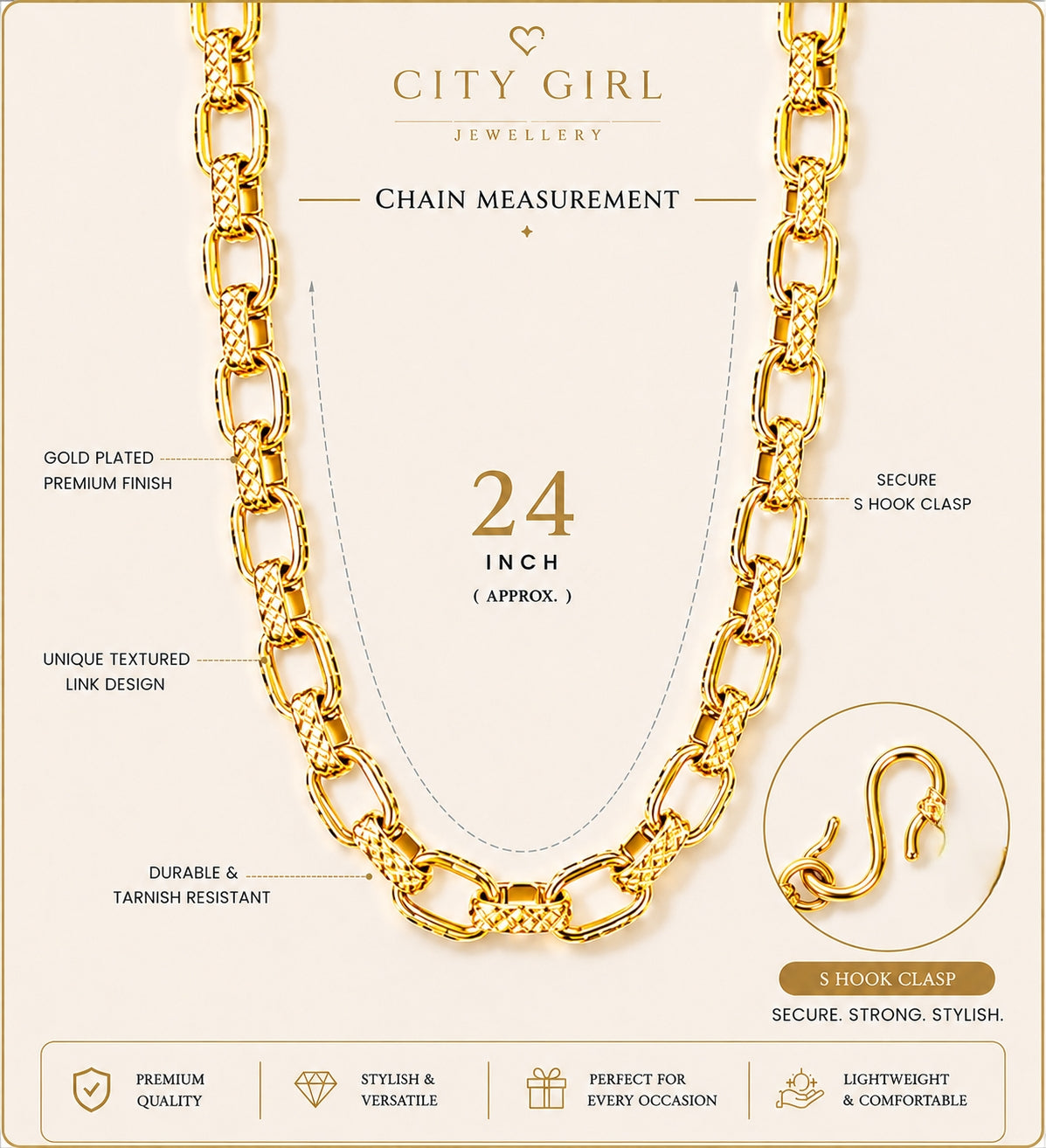 City Girl Jewellery 24K Gold Plated Textured Link Chain Necklace for Women & Men | Premium Statement Chain with S-Hook Clasp | Western Wear Fashion Jewellery