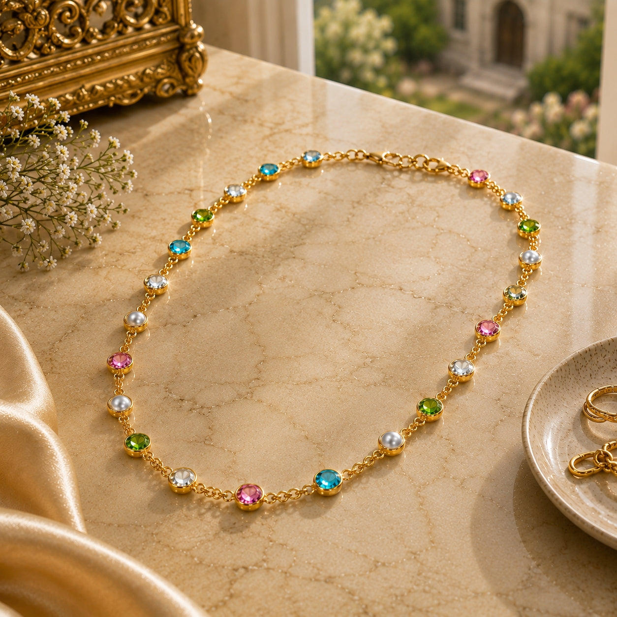 City Girl Jewellery 24K Gold Plated Multi-Color Crystal & Pearl Station Chain Necklace for Women | 20 Inch Lightweight Anti-Tarnish Fashion Chain with Secure S-Hook Closure