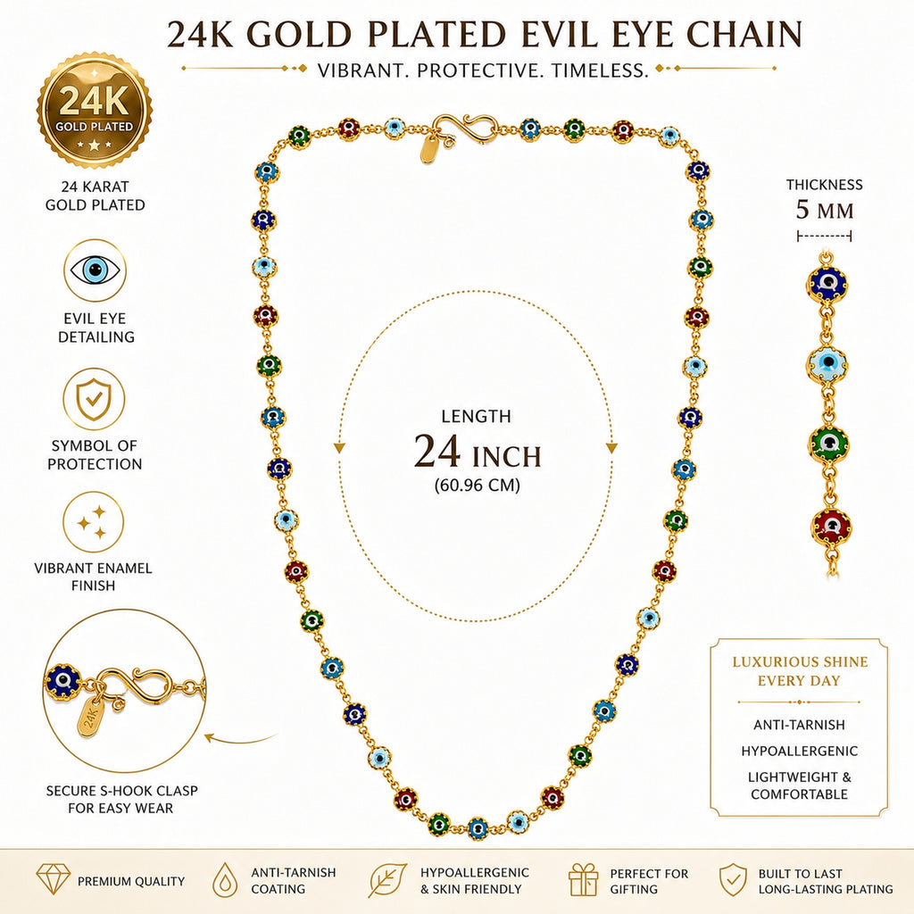 City Girl Jewellery 24K Gold Plated Evil Eye Chain Necklace for Women | Anti-Tarnish | Hypoallergenic | Multicolor Enamel Beads | Lightweight Daily Wear Jewellery | 24 Inch (CN 1743)