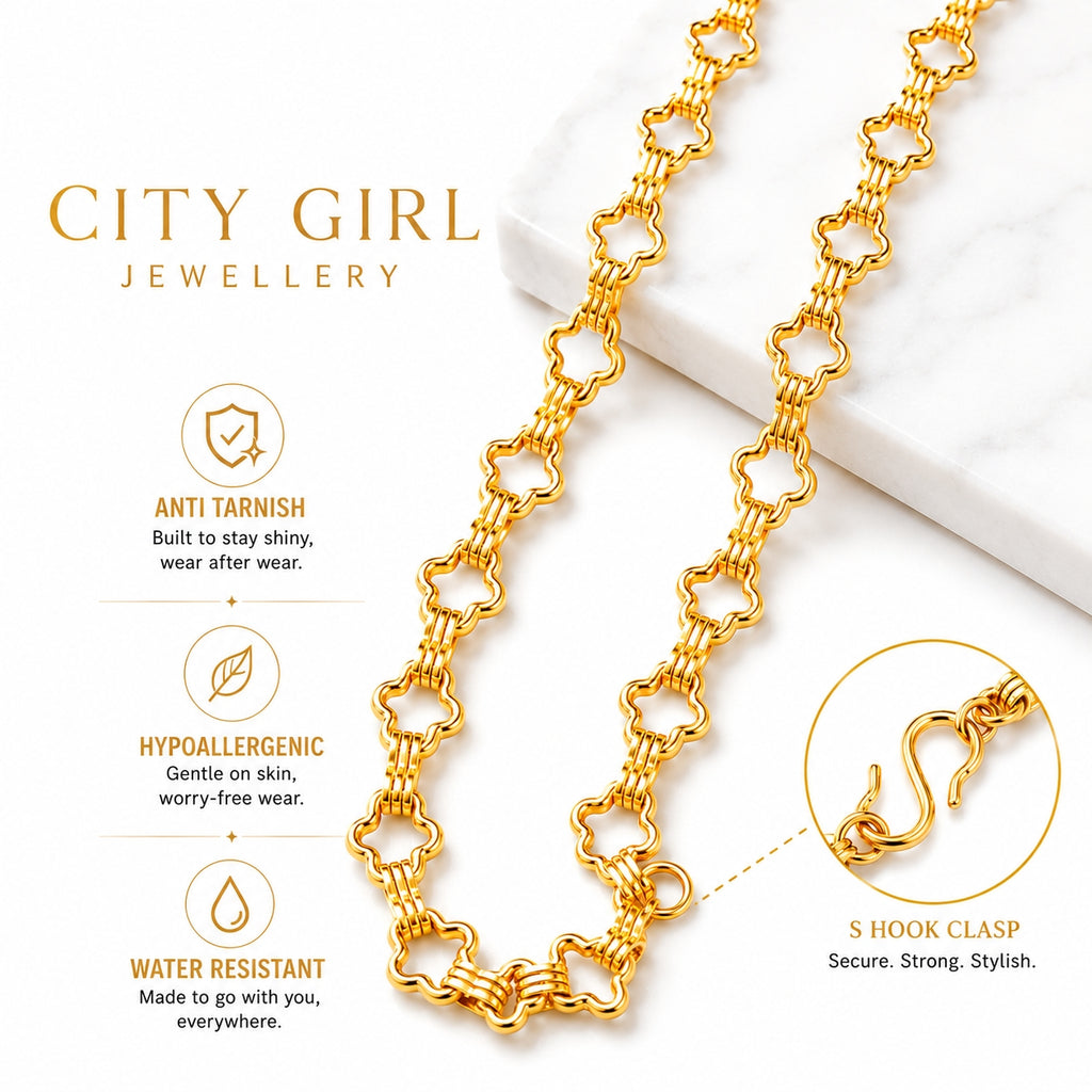 City Girl 24 CT Gold Plated Clover Link Chain Necklace for Women | Premium Statement Chain | Anti Tarnish & Hypoallergenic Fashion Jewellery | 20 Inch Long Chain