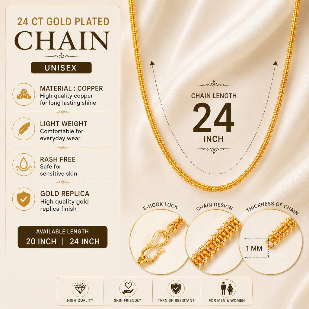 City Girl Jewellery 24 CT Gold Plated Unisex Chain for Men & Women, 24 Inch, 1mm Thickness, 10 g Lightweight Copper Chain, Skin Friendly, Gold Replica Daily Wear Necklace