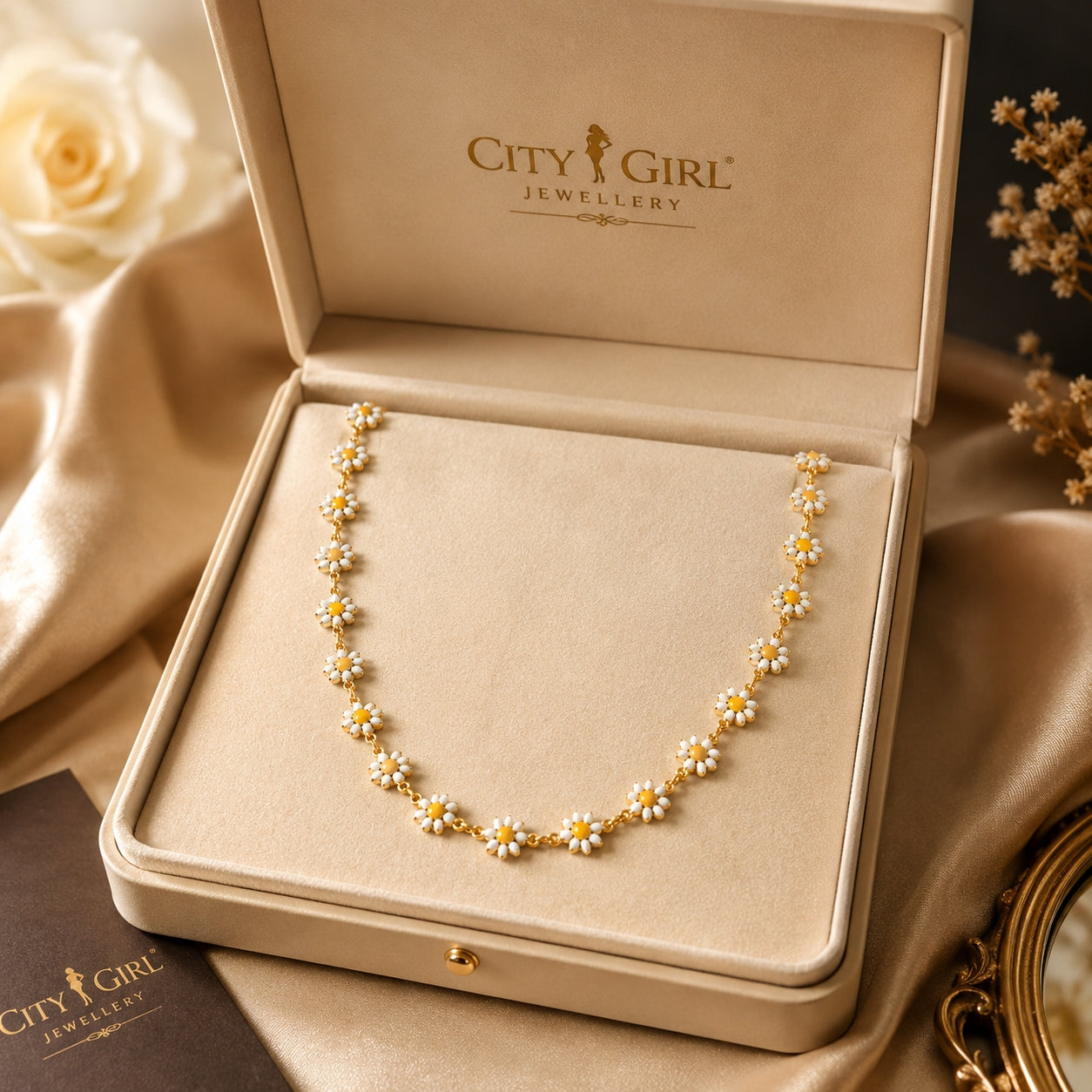 City Girl Jewellery 24K Gold Plated White & Yellow Daisy Flower Enamel Chain Necklace for Women