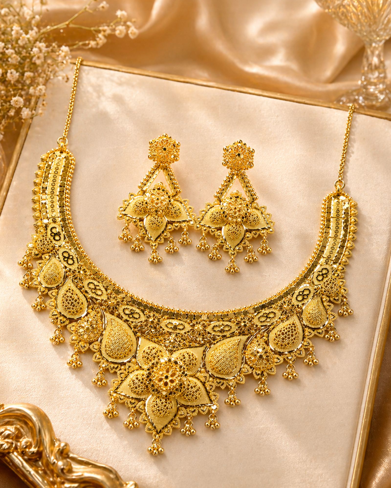 City Girl 24K Gold Plated Traditional Necklace Set with Matching Earrings | Antique Bridal Choker Jewellery Set for Women & Girls