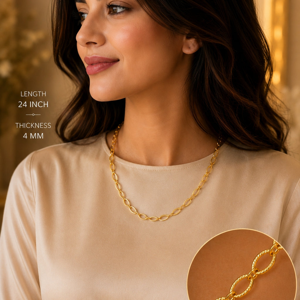 City Girl Jewellery 24KT Gold Plated 24 Inch Chain for Men & Women | 4mm Oval Link Necklace | Lightweight 6g Gold Replica Chain | Copper Base | Anti-Rash | Daily Wear Fashion Jewellery