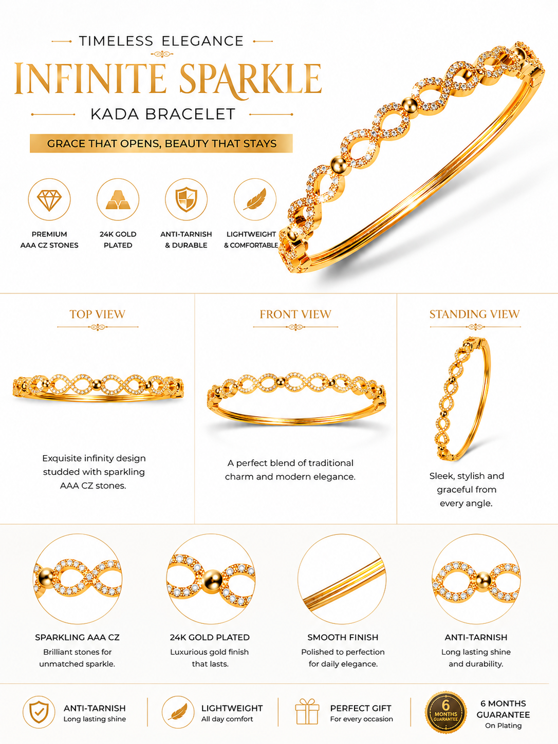 CITYGIRL 18K Gold Plated Openable Infinity Kada Bracelet for Women | American Diamond & Cubic Zirconia (CZ) Stone Bracelet | Oval Shape | Anti Tarnish | Fits Sizes 2.4, 2.6 & 2.8 | One Size