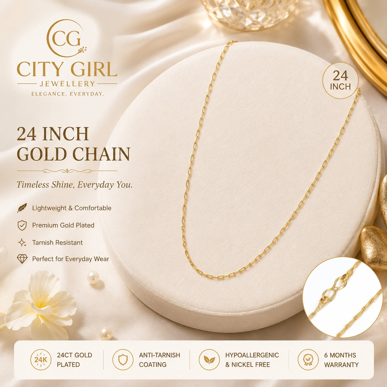 City Girl 24CT Gold Plated Designer Chain Necklace for Women | 24 Inch Daily Wear Chain (CN 237)