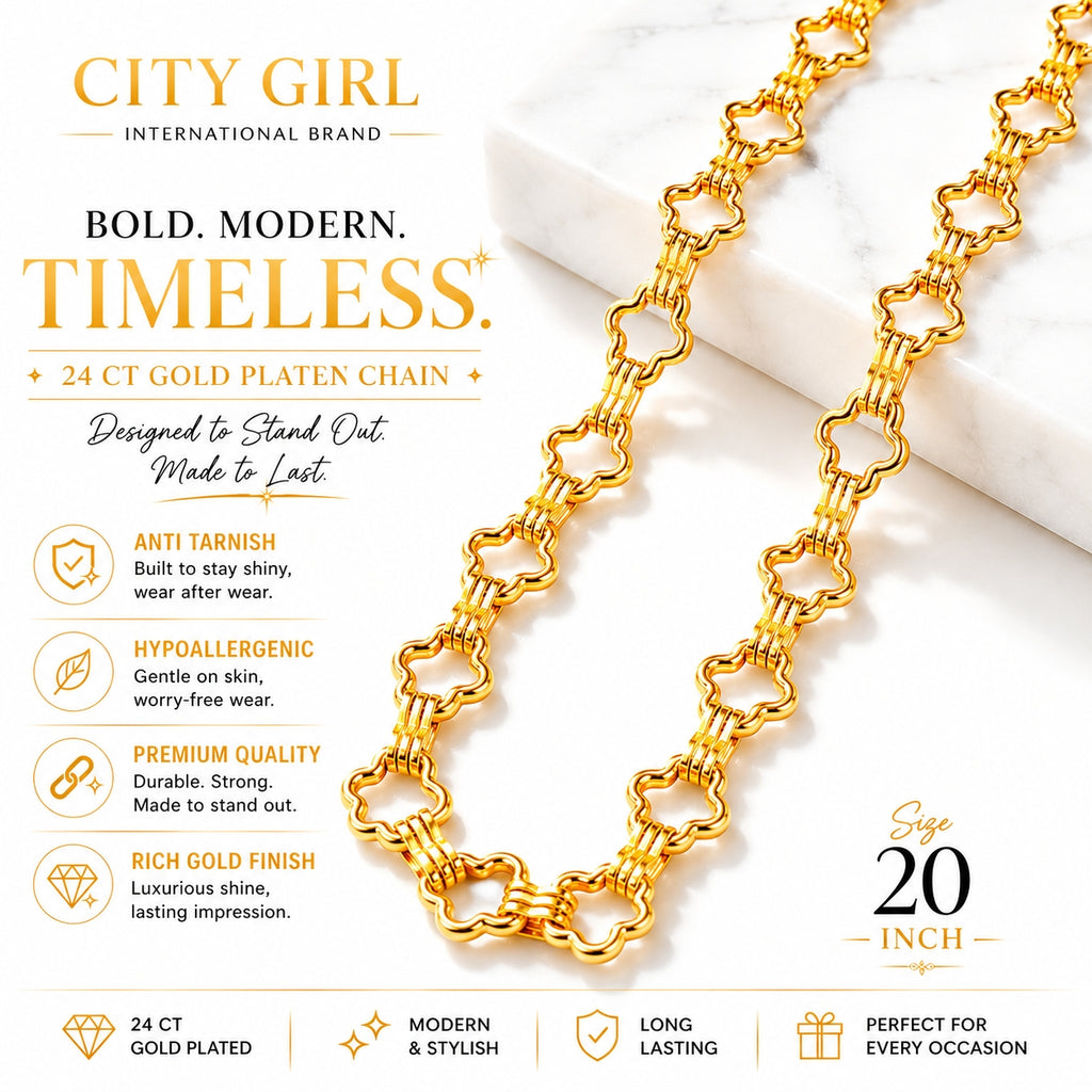 City Girl 24 CT Gold Plated Clover Link Chain Necklace for Women | Premium Statement Chain | Anti Tarnish & Hypoallergenic Fashion Jewellery | 20 Inch Long Chain