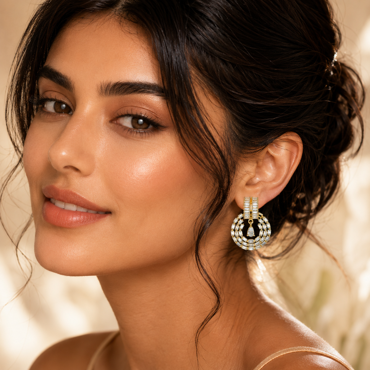 City Girl Jewellery Gold-Plated Baguette CZ Circular Drop Earrings for Women | Premium Statement Party Wear Earrings