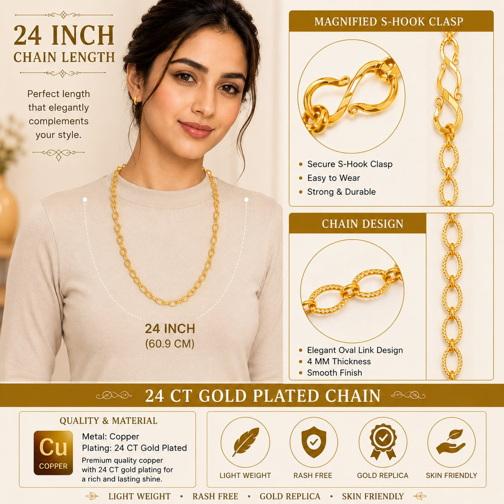City Girl Jewellery 24KT Gold Plated 24 Inch Chain for Men & Women | 4mm Oval Link Necklace | Lightweight 6g Gold Replica Chain | Copper Base | Anti-Rash | Daily Wear Fashion Jewellery