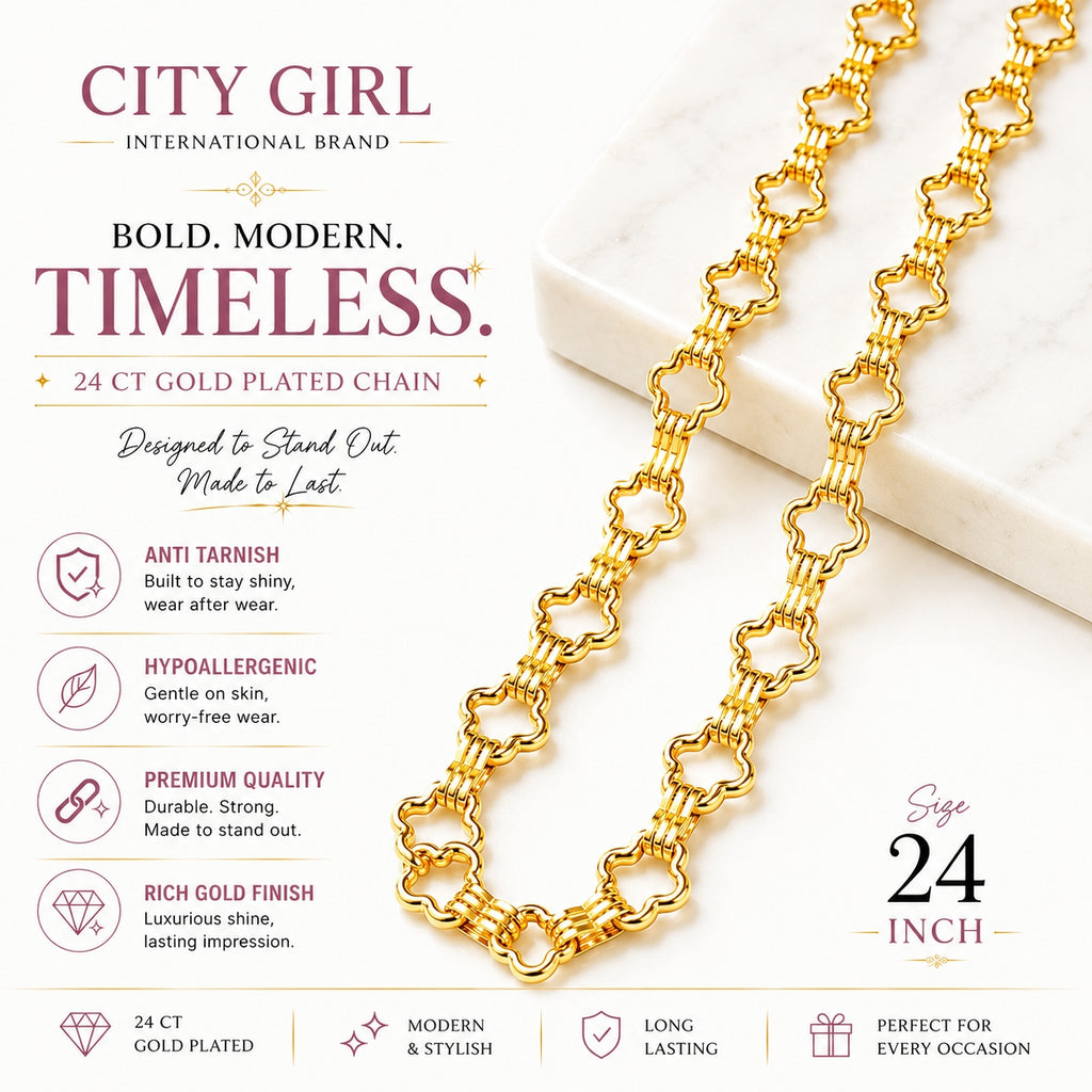 City Girl 24 CT Gold Plated Clover Link Chain Necklace for Women | Premium Statement Chain | Anti Tarnish & Hypoallergenic Fashion Jewellery | 20 Inch Long Chain