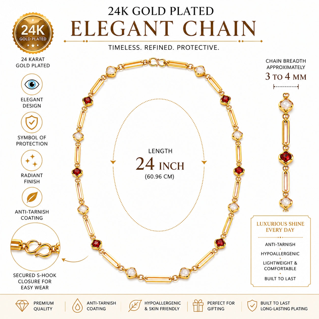 City Girl Jewellery 24K Gold Plated Evil Eye Chain Necklace for Women | 24 Inch Lightweight Anti-Tarnish Necklace with Secure S-Hook | Daily Wear Fashion Jewellery