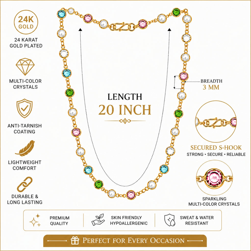 City Girl Jewellery 24K Gold Plated Multi-Color Crystal & Pearl Station Chain Necklace for Women | 20 Inch Lightweight Anti-Tarnish Fashion Chain with Secure S-Hook Closure
